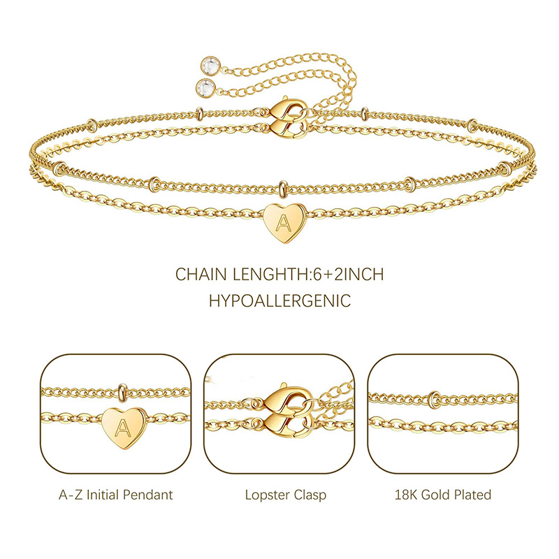 Bracelet Chroí Órga Hongde 18K Litir Óir Phlátáilte A-Z Cruacha Bracelet Croí Tosaigh Bracelet
