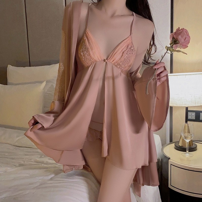 Satin domhain v-muineál seductive agusneamhchiontach - Stíl Slip Nightgown le dearadh scoilte, splicing lása agus mogalra, péireáilte le gúna, loungewear 2661 Praghas:$199.99