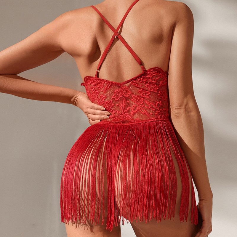 Lingerie sexy, lása sexy, dearadh fórsa, domhain v - muineál le haghaidh cuma seductive, le tassel - Paneled agus cros - Gúna fionraí tacaithe, F2640 Praghas:$79.99
