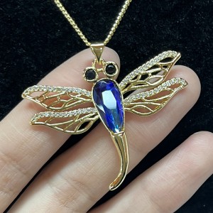 18K Óir-Muince pendant plátáilte dragonfly plátáilte le corp criostail ghorm, súile gemstone dubh, agus mionsonraí sciatháin filigree donádúr galánta-Jewelry spreagtha