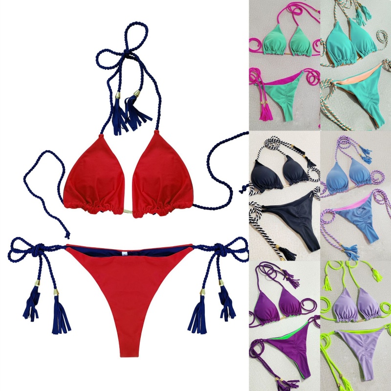 Dhá cheann - Píosa bikini do chailíní te. Stíl Triantáin, dúbailte - dath taobhach - ag blocáil. Feisteas snámha bikini trá, trí cinn - Stíl phointe 8826 Praghas:$79.99