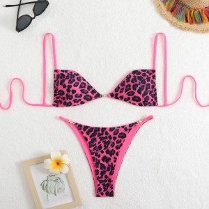 Priontáil Liopard Sexy Halter Bikini Swimsuit do mhná, ag mothú só só. Oiriúnach don trá agus don spriongaí te. A chros-Mír Swimsuit Teorann QT25055 Praghas:$79.99