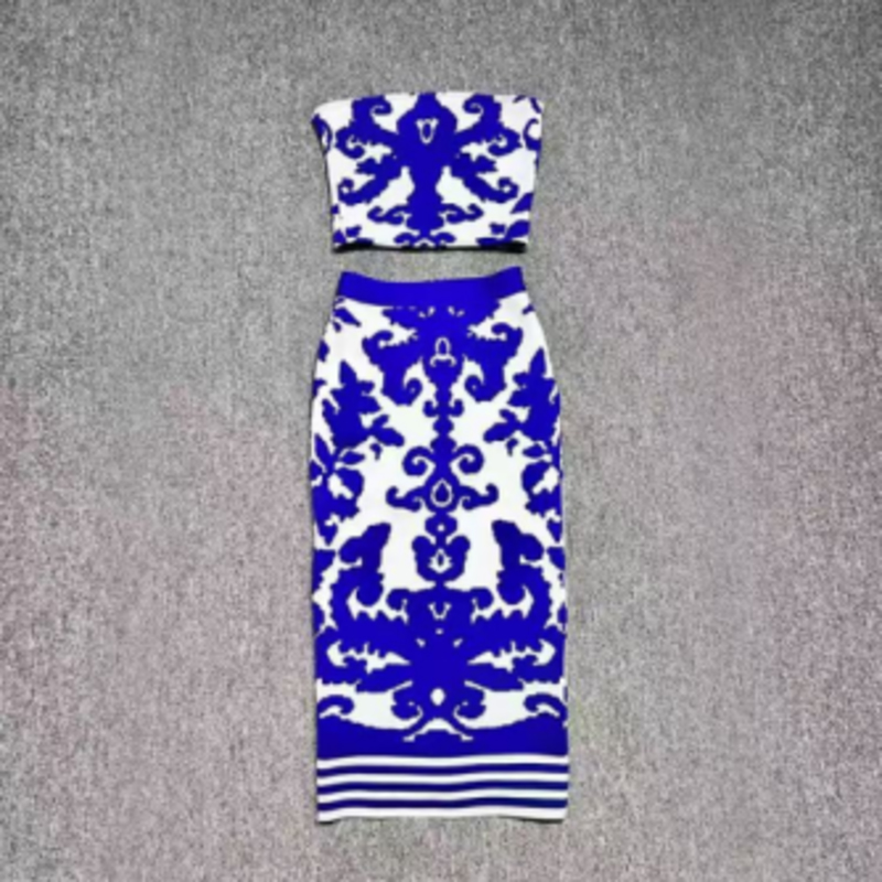 Samhradh Jacquard Knit Bustier, cniotáil Jacquard Hip-Sraith sciorta fad